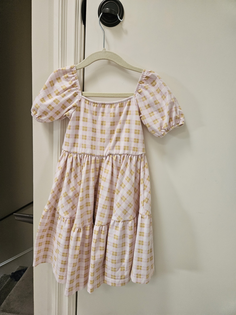 Girls' Pink & Yellow Gingham Tiered Puff-Sleeve Dress
